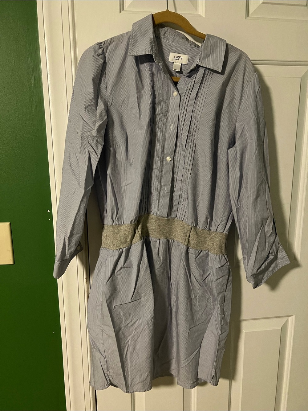 LOFT Light Blue Midi Shirt Dress with Gray Waistband